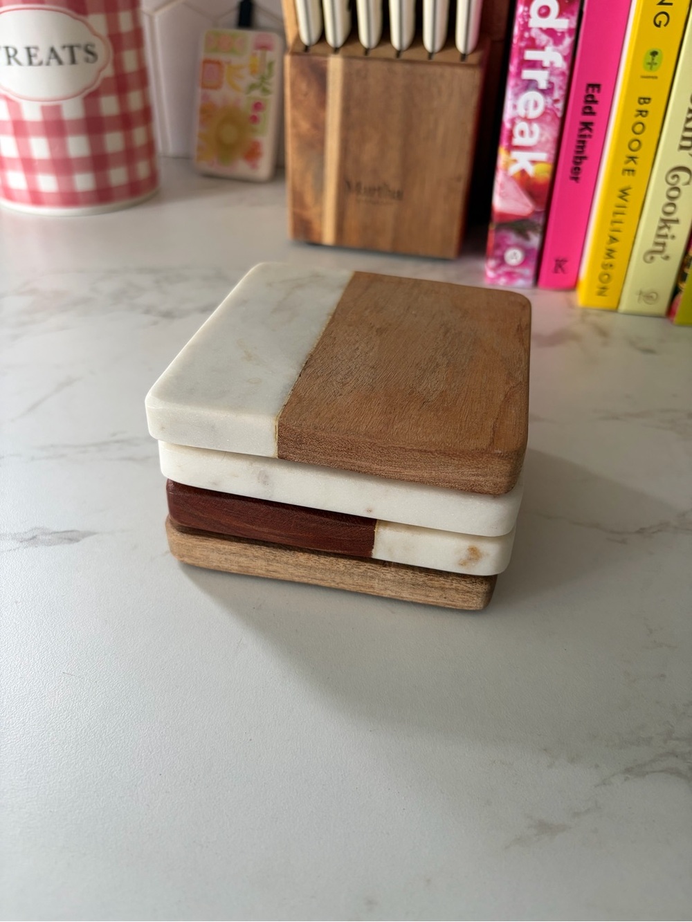 Marble and Wood Square Coaster Set - White and Brown